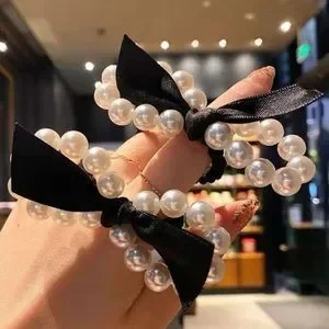 Set of 3 Elegant Pearl Bow Hair Tie Chic Black Ribbon Ponytail Holder Glam Look Accessories | Set Of 3 Elegant Pearl Bow Hair Tie Chic Black  main image 2